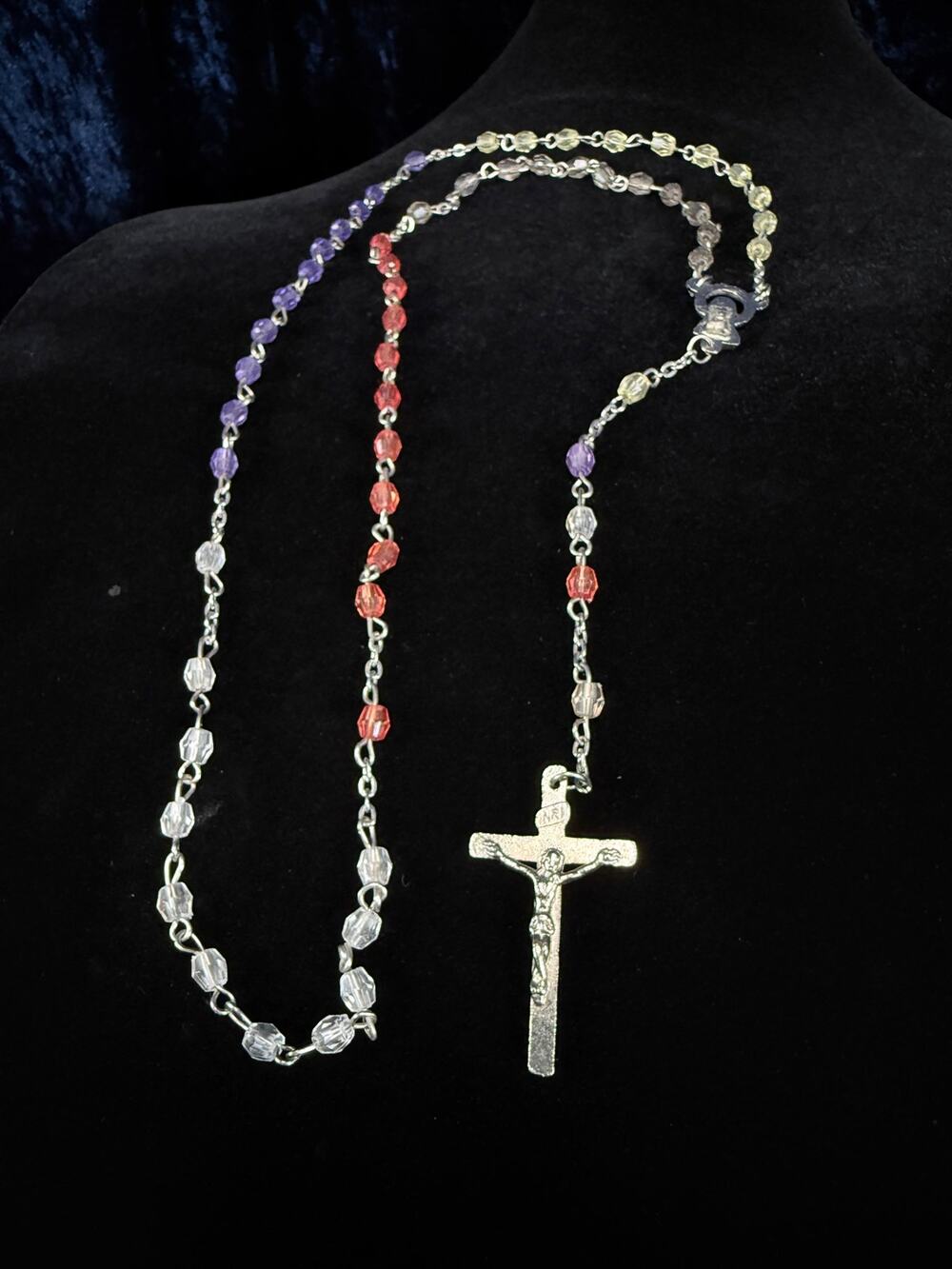 Vintage World Mission Rosary Multicolor Faceted Beads with Silver-Tone Crucifix